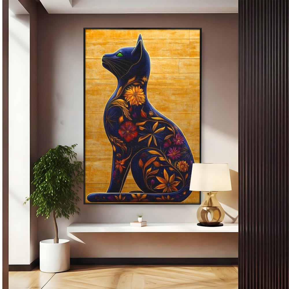 Tablou canvas cu tablou canvas cu pisica albastra decorata cu flori, in rama de aluminiu negru